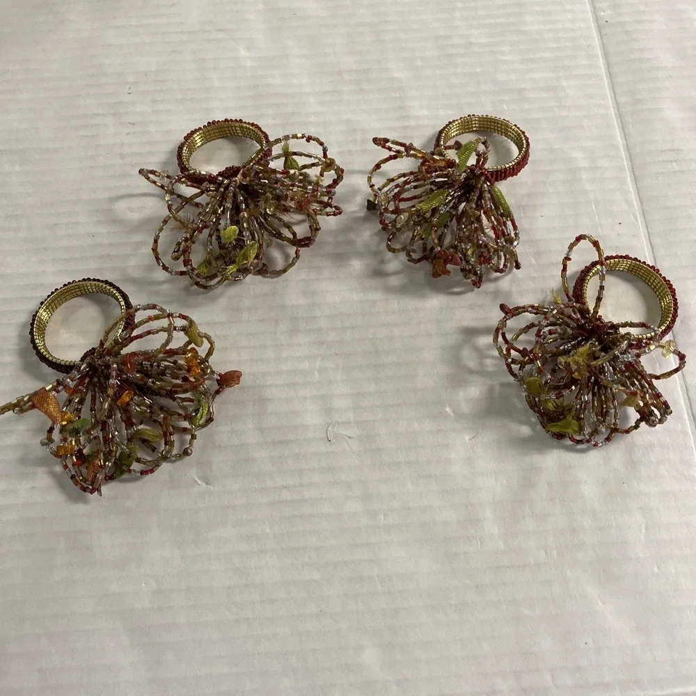 Pier One Napkin Rings Gold Amber Brown Beaded Floral Set Of 4 Boho‎ Hippie